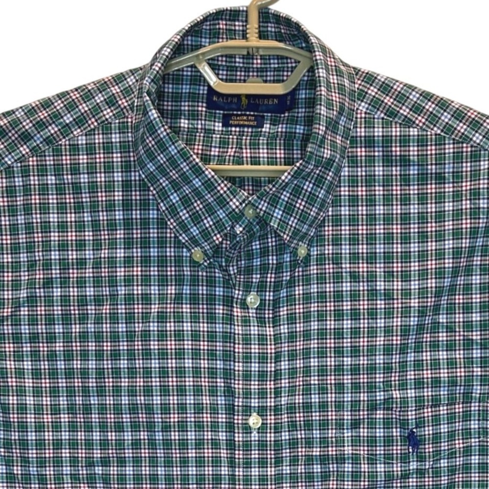 Ralph Lauren Performance Shirt XXL Mens Green Plaid Classic‎ Fit Stretch LS